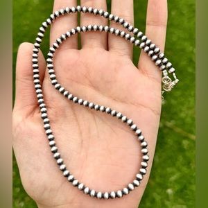 4mm 28 Inch 925 Sterling Silver Oxidized Pearls Bead Necklace Southwestern